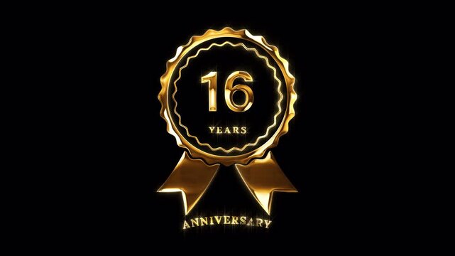 16th Anniversary Celebration. Happy 16 Years Anniversary Animation in Gold Color on the Transparent Background, Alpha Channel. Great for greetings, celebrations, events, and gifts.