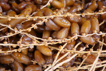 CloseUp of Fresh Ripe Dates with Stems Intact, showcasing their wholesome and nutritious nature