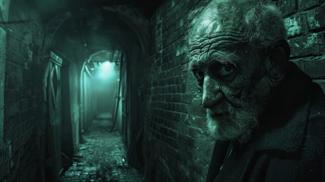 Scary old man in a dimly lit basement, an eerie atmosphere with shadows and mystery.