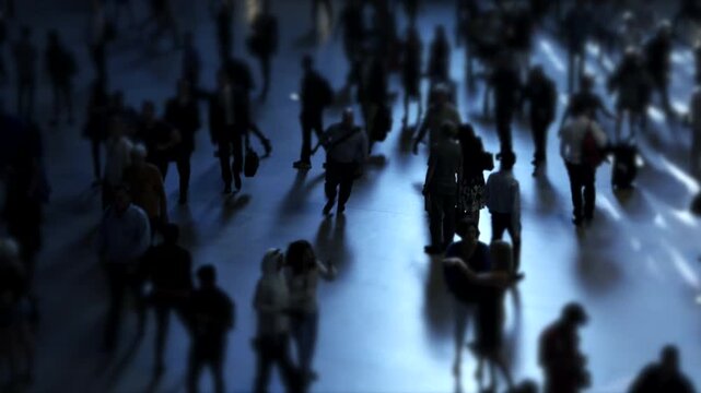 Urban scene with people in motion in a blue color scheme, reflecting a bustling city environment