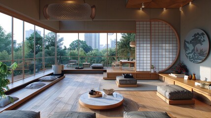 Fototapeta premium Modern interior design of a medium-sized apartment combining Japanese and American styles, featuring minimalist aesthetics, traditional elements, and contemporary comfort. 