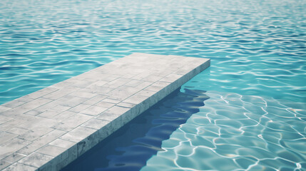 A stone pathway leads into a sparkling blue swimming pool, background