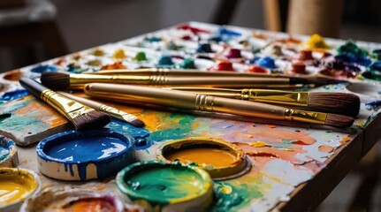 Close-up of vibrant art supplies with paintbrushes and colorful paint palettes, perfect for creative projects and artistic inspiration.