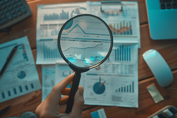 Magnifying glass held over financial documents featuring graphs and charts, illustrating in-depth scrutiny of company progress