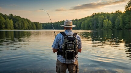 Man fishing at peaceful lake during sunset. Tranquil nature scene with reflection in the water. Recreational outdoor activity. - Powered by Adobe