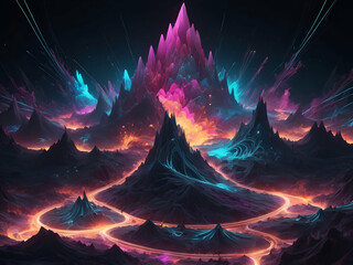 abstract glowing fractal neon explosion mountains moody background