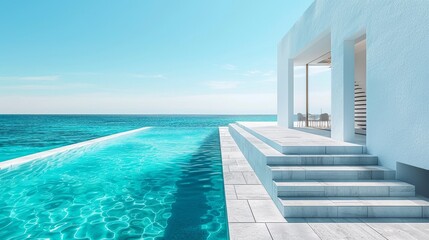 Obraz premium Elegant Minimalist Architecture by a Crystal Clear White Pool with Bright Blue Water, Perfect for Luxury and Relaxation
