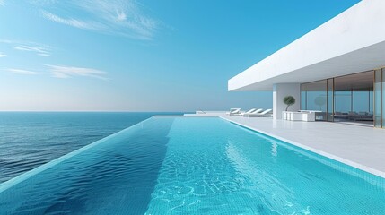 Obraz premium Elegant Minimalist Architecture by a Crystal Clear White Pool with Bright Blue Water, Perfect for Luxury and Relaxation