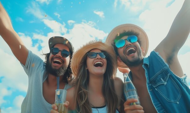 un gruppo di amici si diverte all'aperto durante una giornata estiva. La scena &egrave; piena di colori vivaci, con persone che ballano, sorridono e brindano con bevande fresche sotto un cielo azzurro.
