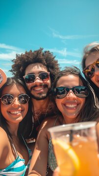 un gruppo di amici si diverte all'aperto durante una giornata estiva. La scena &egrave; piena di colori vivaci, con persone che ballano, sorridono e brindano con bevande fresche sotto un cielo azzurro.