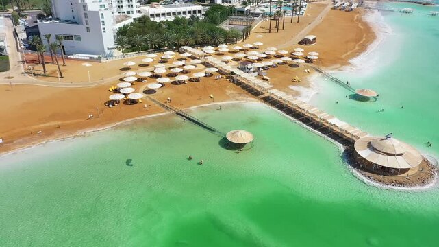 Aerial video of hotels on the Dead Sea coastline 