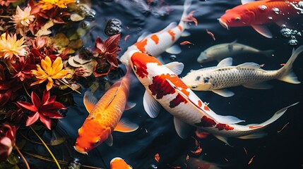 Koi Fish Swimming in a Pond Surrounded by Autumn Leaves