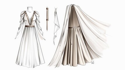 Hand-drawn sketch of a bohemian-style outfit, featuring flowing fabrics, layered accessories, and earthy tones, concept art for a fashion line