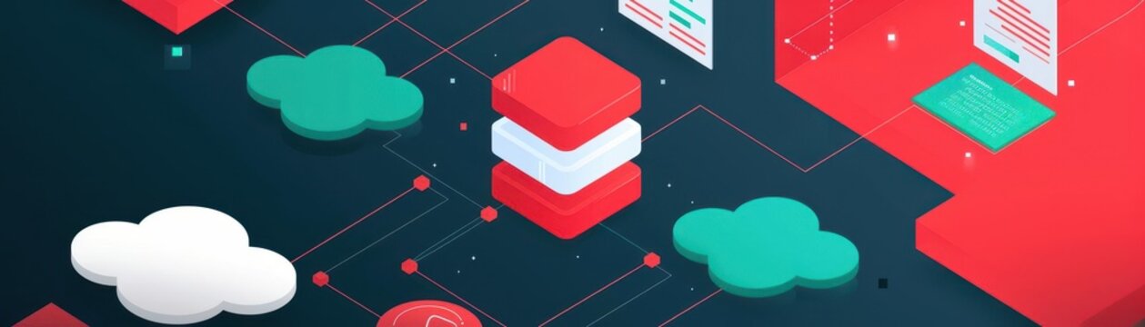 Modern digital infrastructure with cloud computing elements featuring data storage and connectivity in a vibrant design.