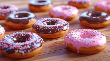 Variety of donuts chocolate frosted pink glazed sprinkles
