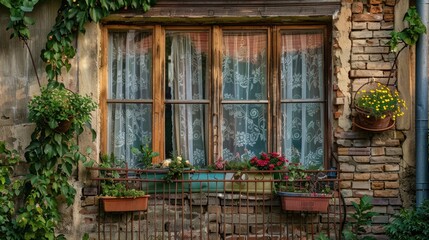 Window of a country house with railings and potted plants