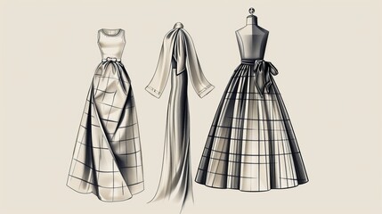 Fashion sketch of a digital vintage ensemble, combining retro patterns and modern design, with delicate pencil strokes and subtle shading, full-body view