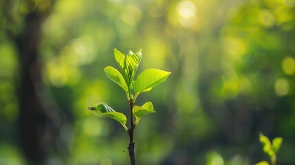 Fototapeta premium Soft young tree shoot with green leaves background