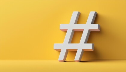 Obraz premium white hashtag symbol over yellow background, 3d render, panoramic mock-up