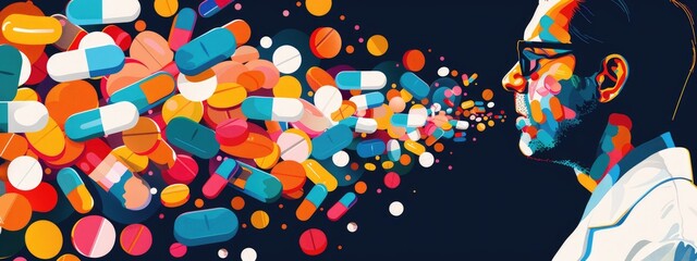 Obraz premium Digital Art of Scientist Analyzing Multicolored Pills and Capsules in a Conceptual Medical Illustration