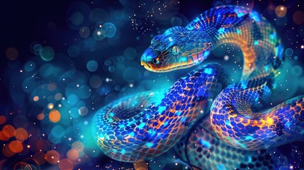 Vibrant Neon Snake Portrait with Glowing Scales and Bokeh Light Effect in Digital Art