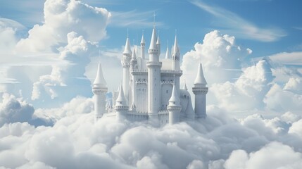 Otherworldly castle in the clouds, surrounded by delicate, light mist, with an ethereal, airy and magical ambiance, capturing a heavenly dreamscape