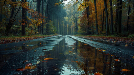 View of the road during waterlogging on the road during autumn in the forest in the morning