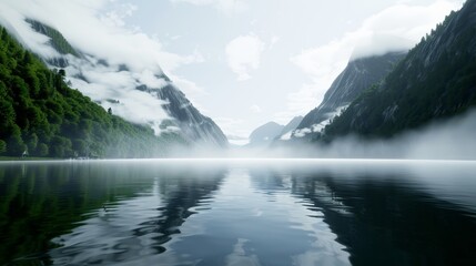 Pristine remote mountains, wild terrain with rocky cliffs and dense foliage, a serene lake reflecting the untamed beauty, shrouded in mystical mist