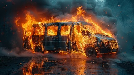 Blazing van emitting smoke, isolated against a blue background