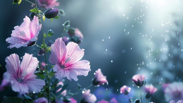 Fantasy meadow with giant flowers and whimsical fairies, misty morning light with magical dew drops, imaginative and surreal environment