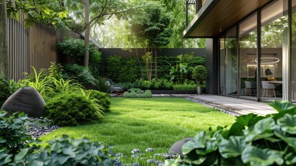 Fototapeta premium Front yard garden design featuring lush green lawn