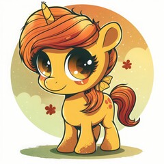 Naklejka premium Cute Cartoon Pony with Big Eyes and Orange Mane