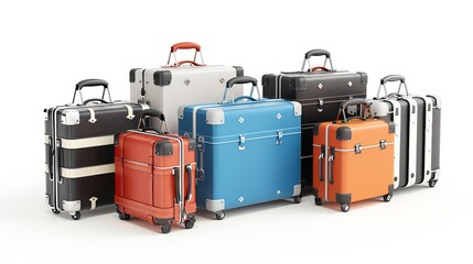 A collection of colorful vintage suitcases arranged in a row on a white background, showcasing various sizes and designs for travel enthusiasts.