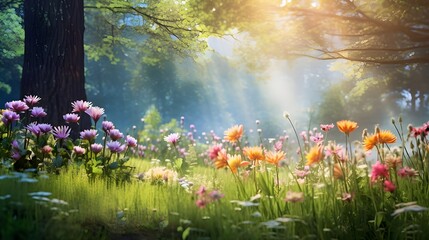 Obraz premium Tranquil Spring Glade: Lush Wildflowers and Soft Greenery in a Dreamy, Blurred Background