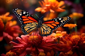 Fototapeta premium Monarch Butterfly Resting on a Flower Petal with a Blurred Floral Background