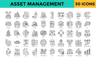 Asset Management icon set with decision making, company, document, client, investor, investment, bank account, wallet, property, digital asset icon. Simple line vector 
