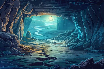 Mysterious Cave Entrance with Glowing Moonlight and River