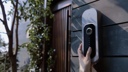 A smart doorbell with an integrated camera and two-way audio, showing a clear video feed of visitors at the front door