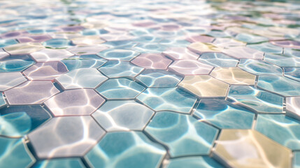 Obraz premium Close-up view of hexagon-shaped tiles in a swimming pool, with rippling water creating a pattern of light and shadow, background