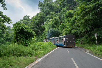 Naklejka premium Darjeeling,West Bengal,India - 10th August 2023 : Diesel Toy train passing through Himalayan roads and jungle. Darjeeling Himalayan Railway, narrow gauge railway between New Jalpaiguri and Darjeeling.