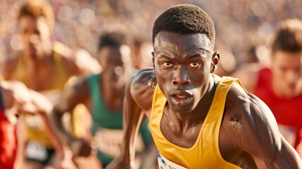 Determined athlete in yellow jersey runs in intense race with competitors in the background, highlighting speed and focus at a track event.