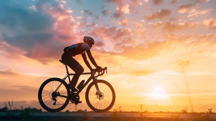 Obraz premium Cyclist riding a bike during sunset with a beautiful sky in the background, symbolizing fitness, adventure, and outdoor activity.