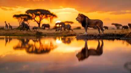 Fototapeta premium Majestic lion in serene African savannah at sunset, reflected in water, with zebras and trees in the background.