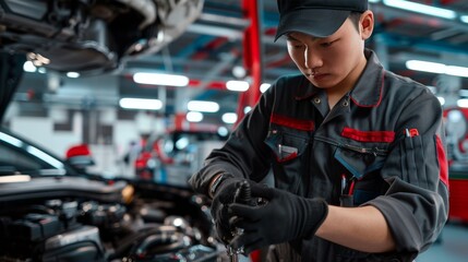 Mechanic in uniform and gloves working on a car engine in the workshop. Focused and professional automotive repair service.
