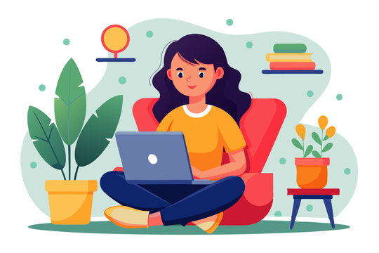 recommend clip art: a girl using a laptop, minimal style flat cartoon colored vector illustration