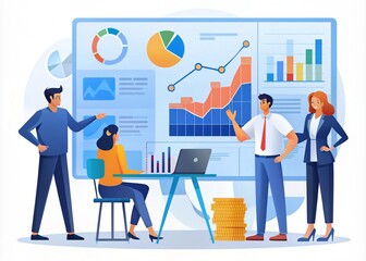 Obraz premium a group of people standing around a large screen with graphs and charts