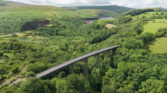 Aerial view of Meldon Viaduct, Meldon Reservoir, and Okement Valley in Dartmoor National Park