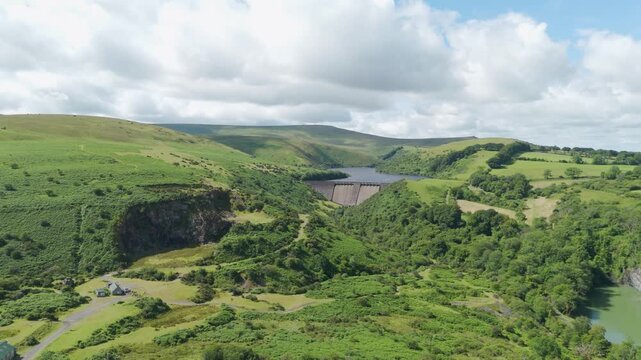 Aerial view of Meldon Reservoir, situated in Dartmoor National Park with panoramic views over Okement Valley