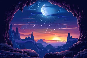 Desert Canyon Sunset Landscape with Rocky Mountains and Starry Night Sky