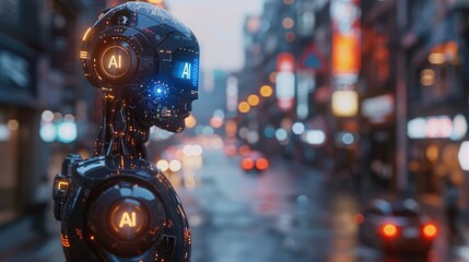 A futuristic robot stands on a bustling city street at night its glowing AI inscription illuminating the urban landscape